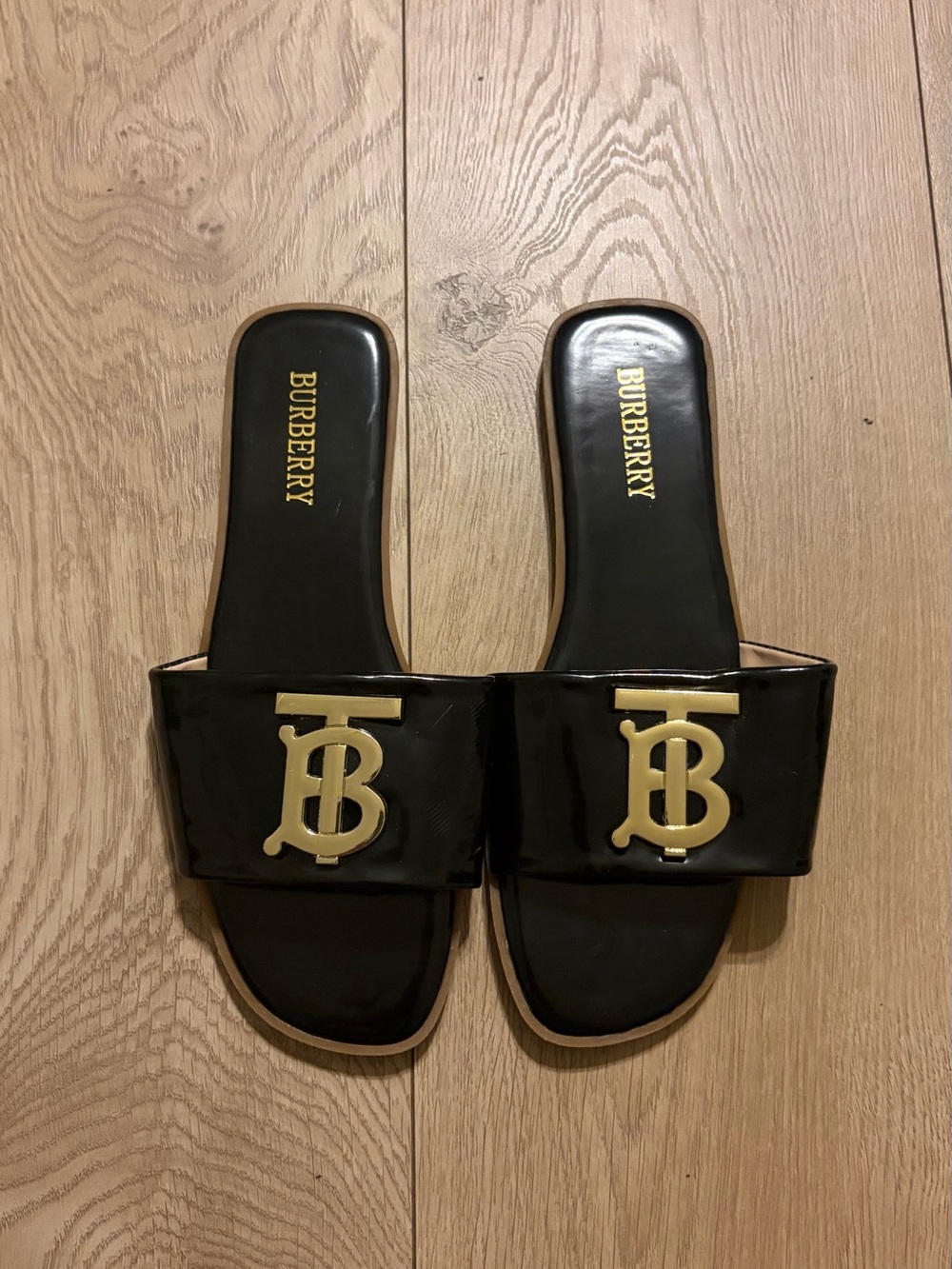 Burberry Black Patent Leather TB Logo Slide Sandals with Gold Accent